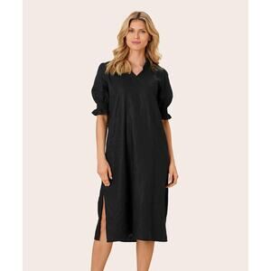 Masai Nydela Smock Sleeve Linen Midi Shift Dress Short Sleeve Black Sz S